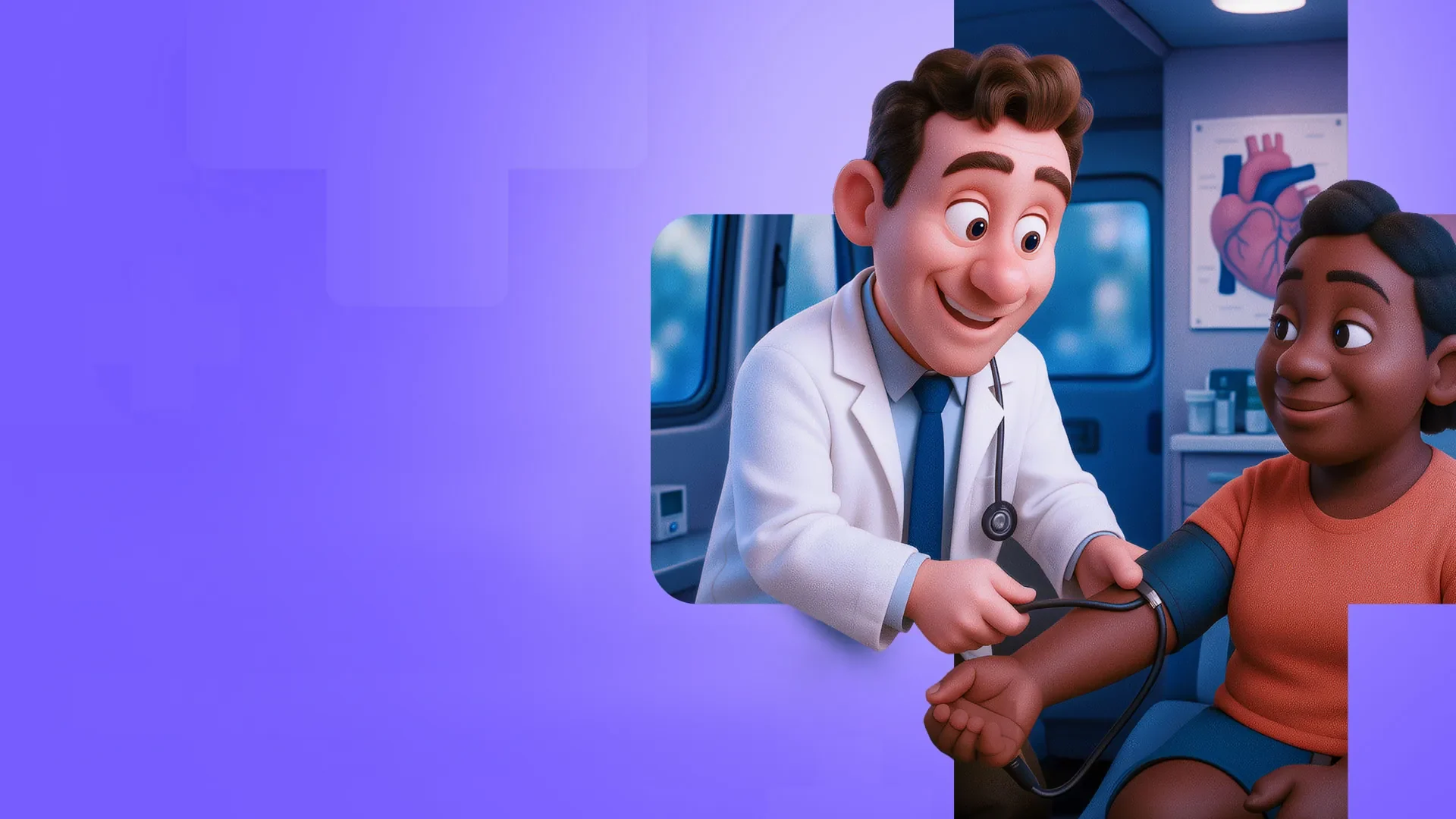 Ilustração do KV: o médico do CUIDAR mede a pressão de uma participante dentro da carreta.